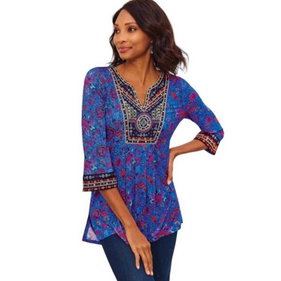 Soft Surroundings Womens 2x BoHo Top Tamuri Tunic Blue Floral Beaded Blouse XXL - Picture 1 of 14